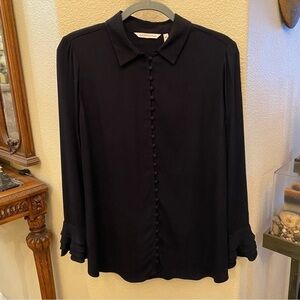 SOFT SURROUNDINGS Women Black Button Ruffle Cuffs Minimalist Top Size PS